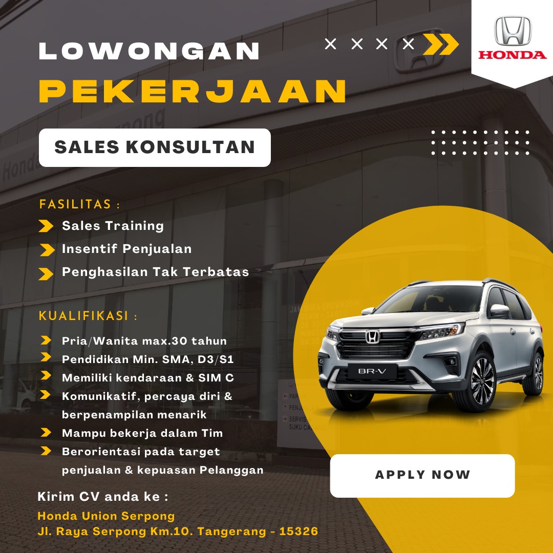 leana_95's tweet photo. Join us at Honda Union Serpong and Union Tangerang as a Sales Consultant and Sales Counter! Send your CV to email below. See you! @hrdbacot #lokercot https://t.co/EZdqvayLgT