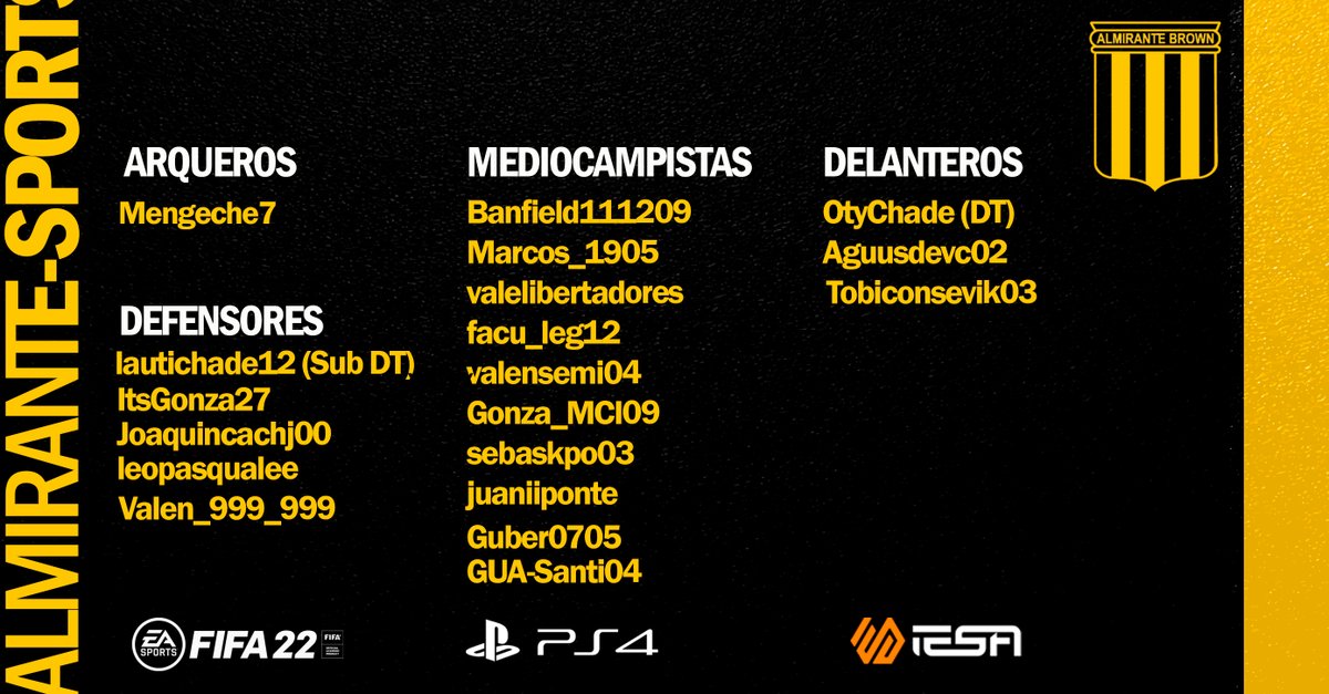 almirante_sport's tweet photo. ⚽️#FIFA22 Nuestro plantel inicia la #Temporada20 de @IESAFIFAar con ilusiones renovadas. La base está. 👀

¡Vamos por el gran objetivo! Ustedes ya saben cual. 😂

#SomosLaMatanza
💛🖤 https://t.co/Ut5O8fgv0b