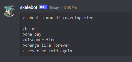 DaveOshry's tweet photo. We got a greentext bot for our internal discord so now we're never going to get any work done https://t.co/odwqZZHhZw