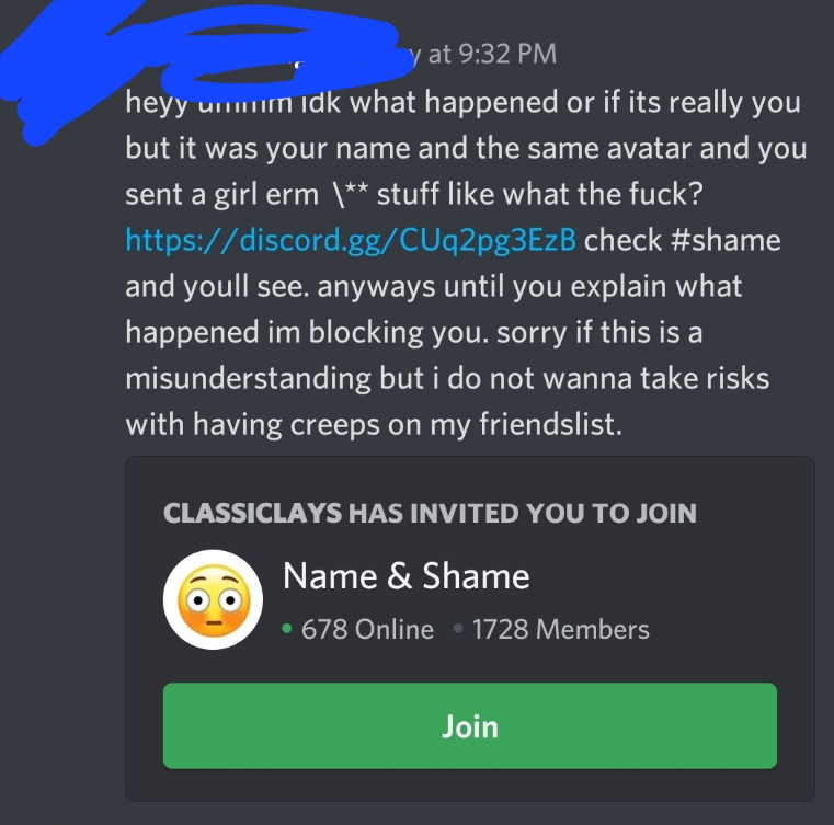 DizzyMilki's tweet photo. ⚠️⚠️Please be wary of a Discord scam / hack / malware / whatever called "Name and Shame"!!⚠️
You are prompted with this message from someone you already know whos account has been compromised and a link to join a server called Name &amp; Shame which upon joining will steal your info. https://t.co/vyVMKFUx5s