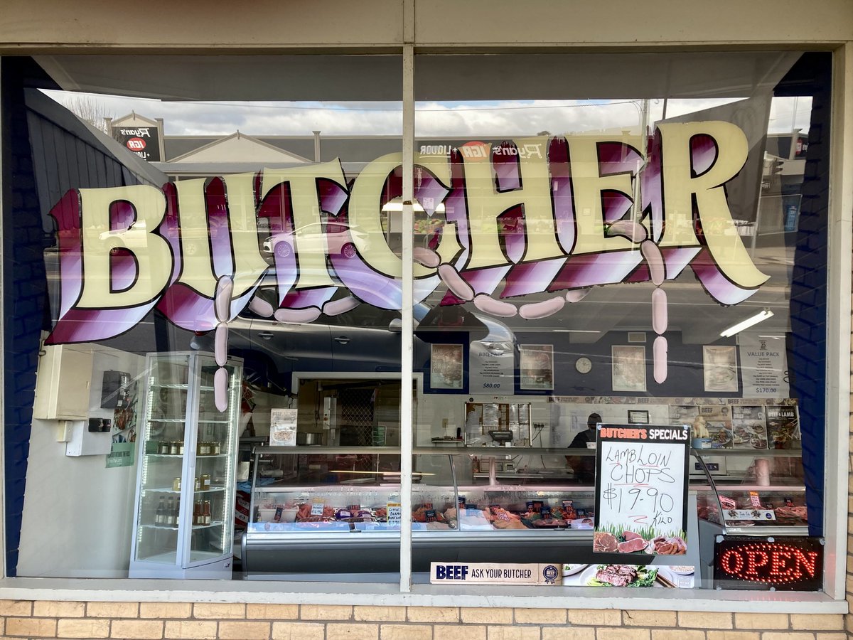 Some impressive fonts at the #Beaufort Butchery. Ping ⁦<a href="/MelbourneCircle/">Nick Gadd</a>⁩