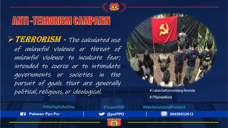 PalPPO's tweet photo. Anti-Terrorism Campaign
#PNPKakampiMo
#ToServeandProtect
#labansakumunistangterorista
#PilipinasMuna
Police Regional Office Mimaropa
Palawan Ppo Pcr https://t.co/PXSZADVaKw