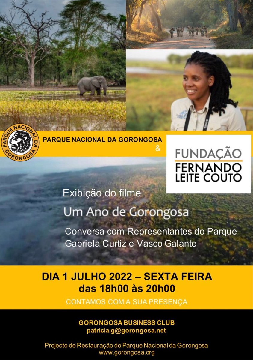 GorongosaPark's tweet photo. 1 Julho 2022
Tempo: 18hr00 
A locação: Fundação Fernando Leite Couto  -  Maputo https://t.co/xN1EOGsVDm