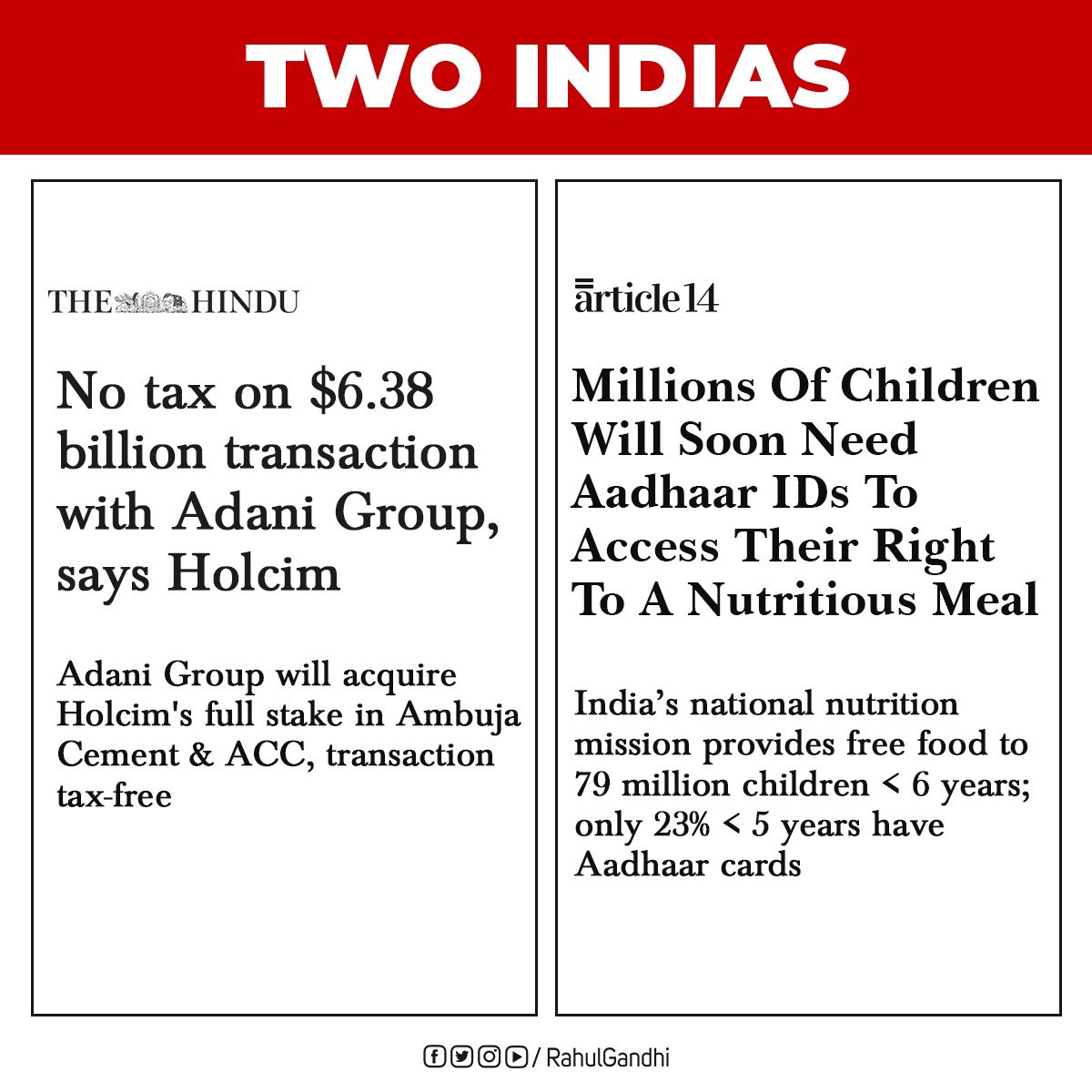 Two Indias: Rich ‘mitron’ spoon-fed thousands of crores through tax exemptions & loan waivers. Poor children need Aadhaar to get nutritious meals at Anganwadis.
