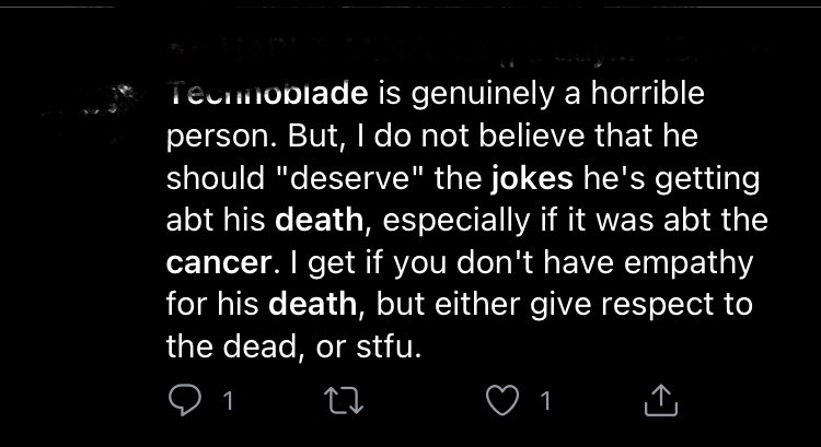 PaxxyPaxx's tweet photo. dont say shit like “technoblade was a horrible person but” no. you dont get to finish. whenever you say that think about how his family would react if you said it. think about how his father and mother would feel you piece of actual shit https://t.co/x0Ysu740t1