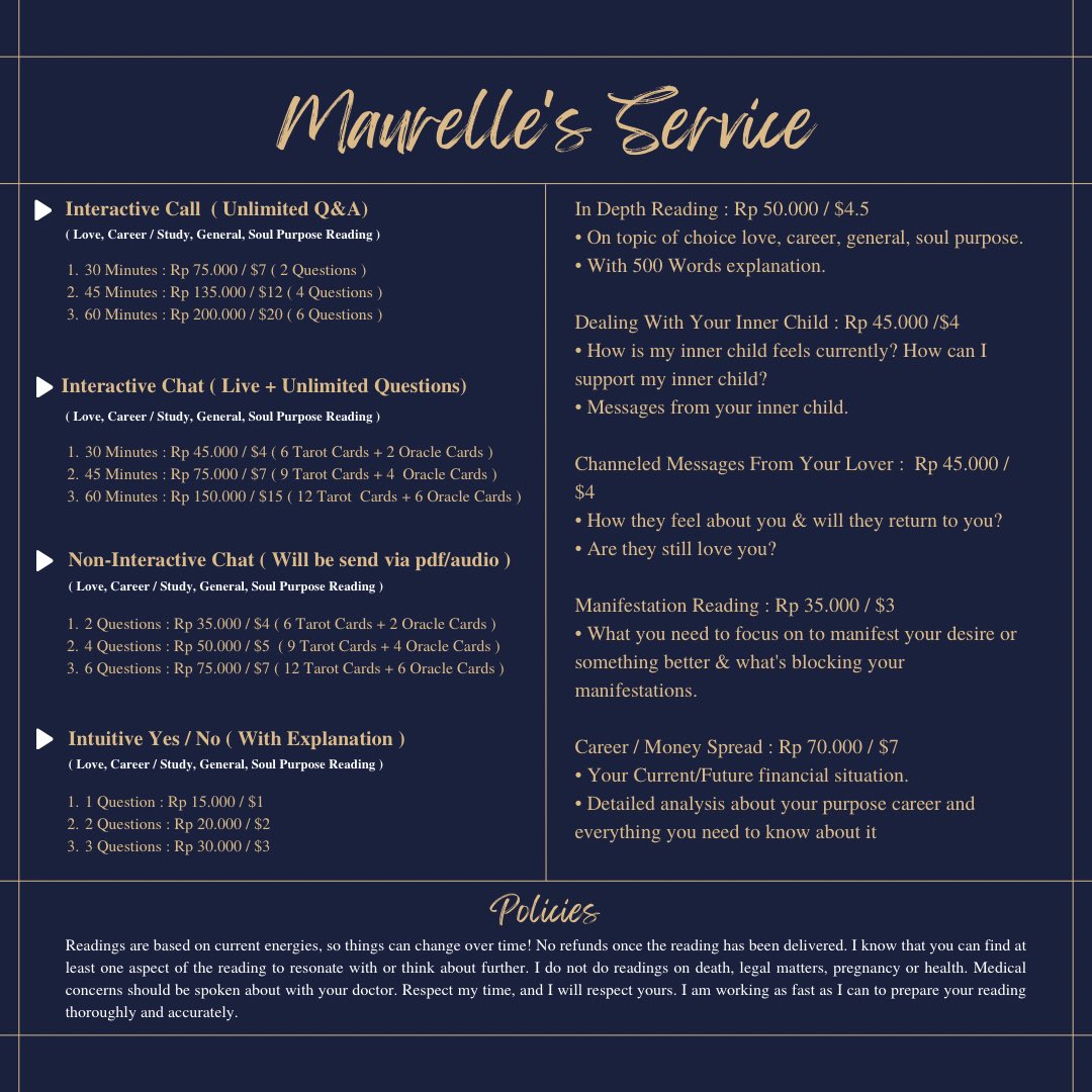 .     •        ☪︎   ꒰ 𝕿𝖆𝖗𝖔𝖙 &amp; 𝕺𝖗𝖆𝖈𝖑𝖊 𝕽𝖊𝖆𝖉𝖎𝖓𝖌 ꒱    ⊹  .      ˚♡

 ｡♡｡ Hello mate, welcome to my page! This is the newest price list for my tarot reading session. Kindly book your slot through DM. ♡｡

❀ ⋆ Rts + likes will be appreciated, tysm! ^_^