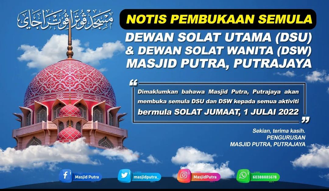 Pembukaan Ruang Solat di Masjid Putra bermula pada 1 Julai 2022 sepertimana yang dijanjikan kepada pihak pelanggan, tahniah kepada Puan Pengarah <a href="/anita_shafie/">Anita Mohamed Shafie</a> dan Bahagian Pengurusan Projek JKRWPP. Mari kita mengimarahkan Masjid Putra.<a href="/Hanifah_Abd/">Hanifah Abdullah</a> <a href="/IrZulkefly/">Mohd Zulkefly S</a> <a href="/JKRMalaysia/">JKR Malaysia</a>