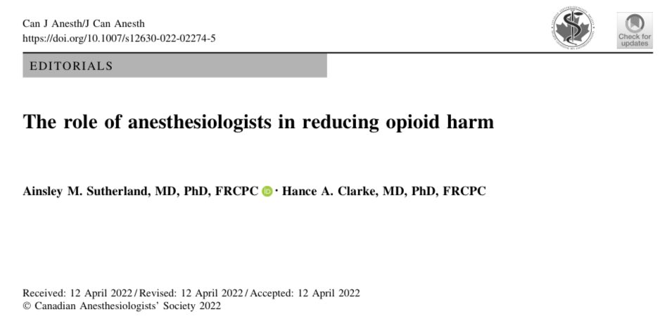 Hot off the presses - @DocPAinsley and @Drhaclarke’s recent editorial in the @CJA_Journal - “The role of anesthesiologists in reducing opioid harm” as part of a special issue on opioid analgesia for surgical patients Check it out - link.springer.com/article/10.100…