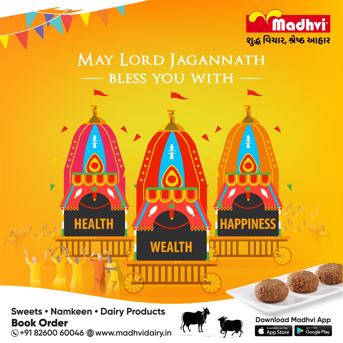 MadhviDairy's tweet photo. On this auspicious occasion of Rath Yatra, may Lord Jagannath bless you and your family with good vibes, prosperity and success!
#Madhvidairy #rathyatrasweets #rathyatra #rathyatraspecial #rathyatraahmedabad #festival #festivevibes #matho #shrikhand #dairyfarm #dairyproducts https://t.co/VN7tnFqdOB