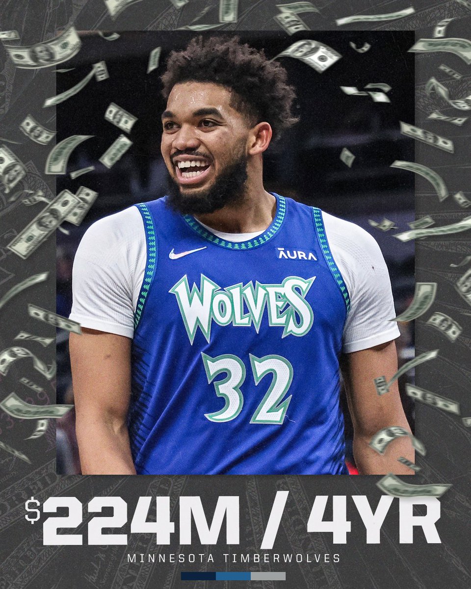 ESPNNBA's tweet photo. Karl-Anthony Towns has agreed on a four-year, $224M super max extension with the Timberwolves, his agent tells @wojespn. https://t.co/uKkOMbdGDx