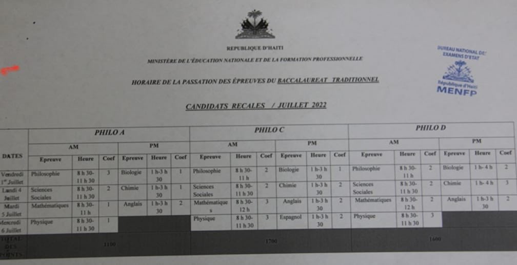 MENFP_Education's tweet photo. Horaire des examens du bac traditionnel (philo) https://t.co/pVcmuZ7KZM