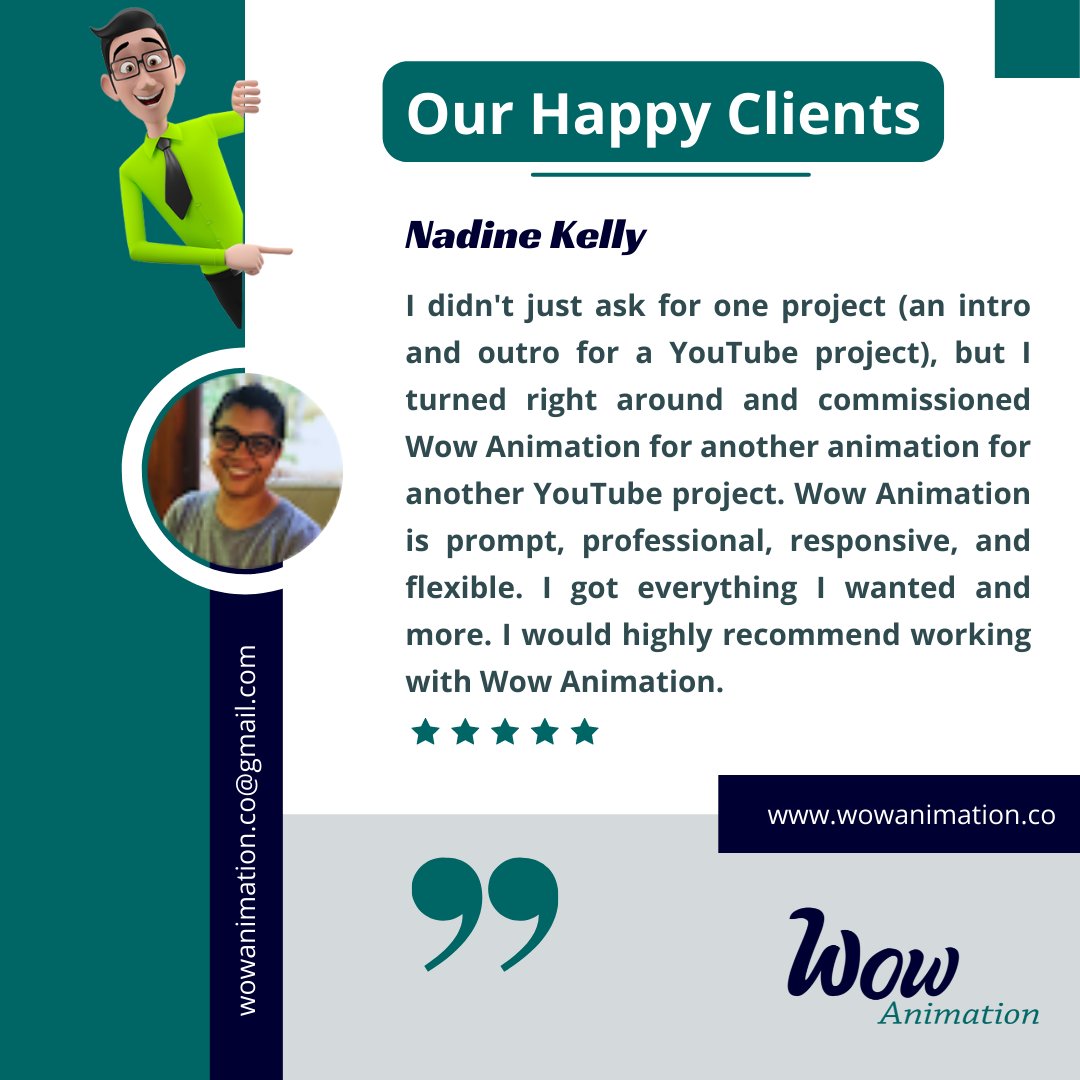 Happy clients are what we want to see. 
Thank you, Nadine Kelly, for your valuable review!!
#happyclient #happyclientreview #happycustomer #customerfeedback #wowanimation #wowanimationstudio