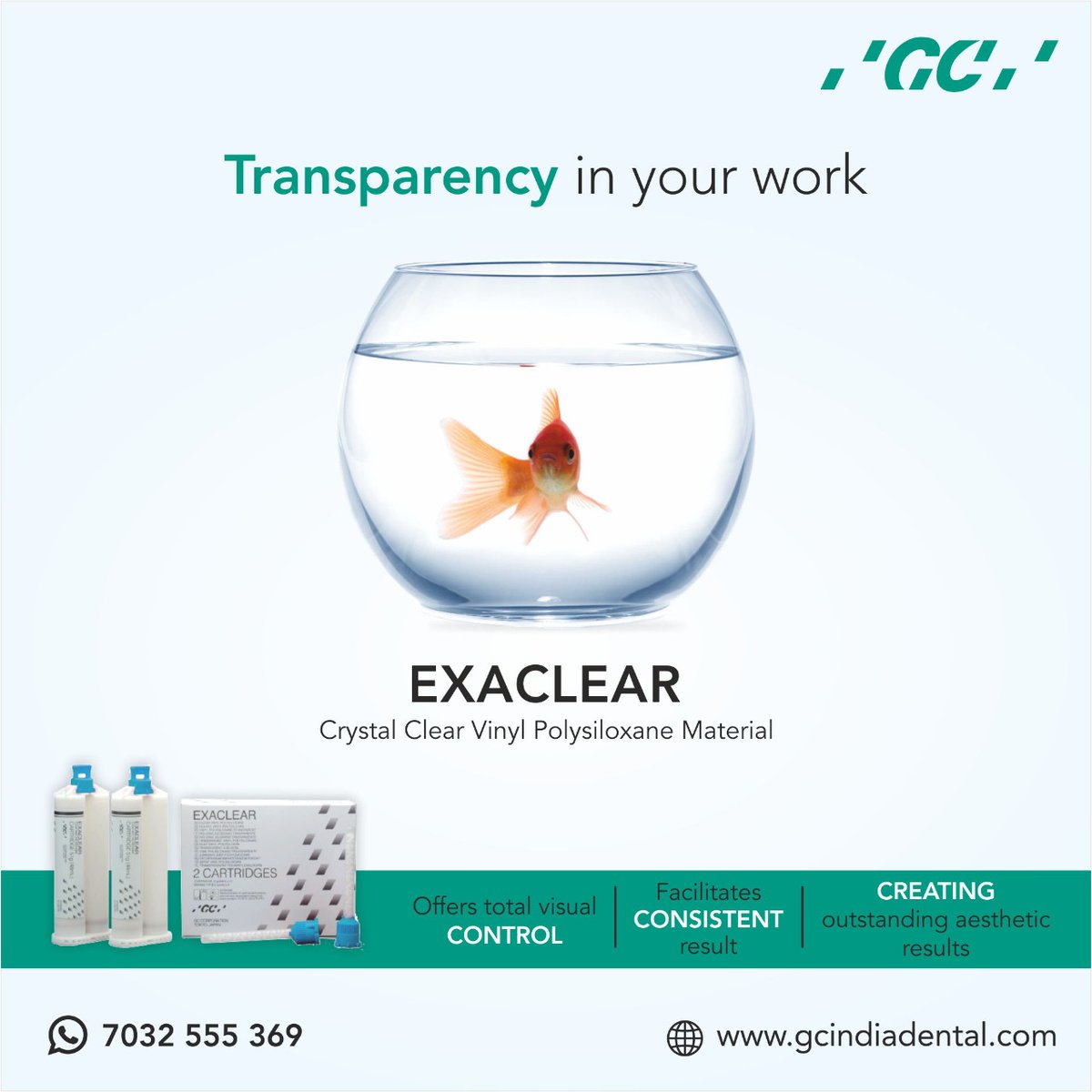 GCIndia_dental's tweet photo. GC EXACLEAR, Clear, Vinyl Polysiloxane Material is an innovative, clear silicone material made to fulfil the demands for high aesthetics while facilitating the way to great results.
To Know more: https://t.co/7XXOtIGecO
#GCIndia #GCProducts #Exaclear #GCExaclear https://t.co/ivPVl5WXwY