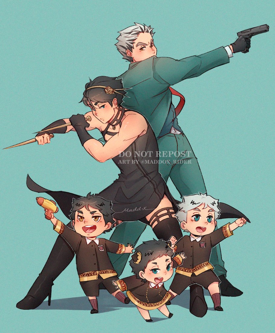 anya (spy x family) ,twilight (spy x family) ,yor briar eden academy school uniform male child weapon gun cosplay holding multiple boys  illustration images