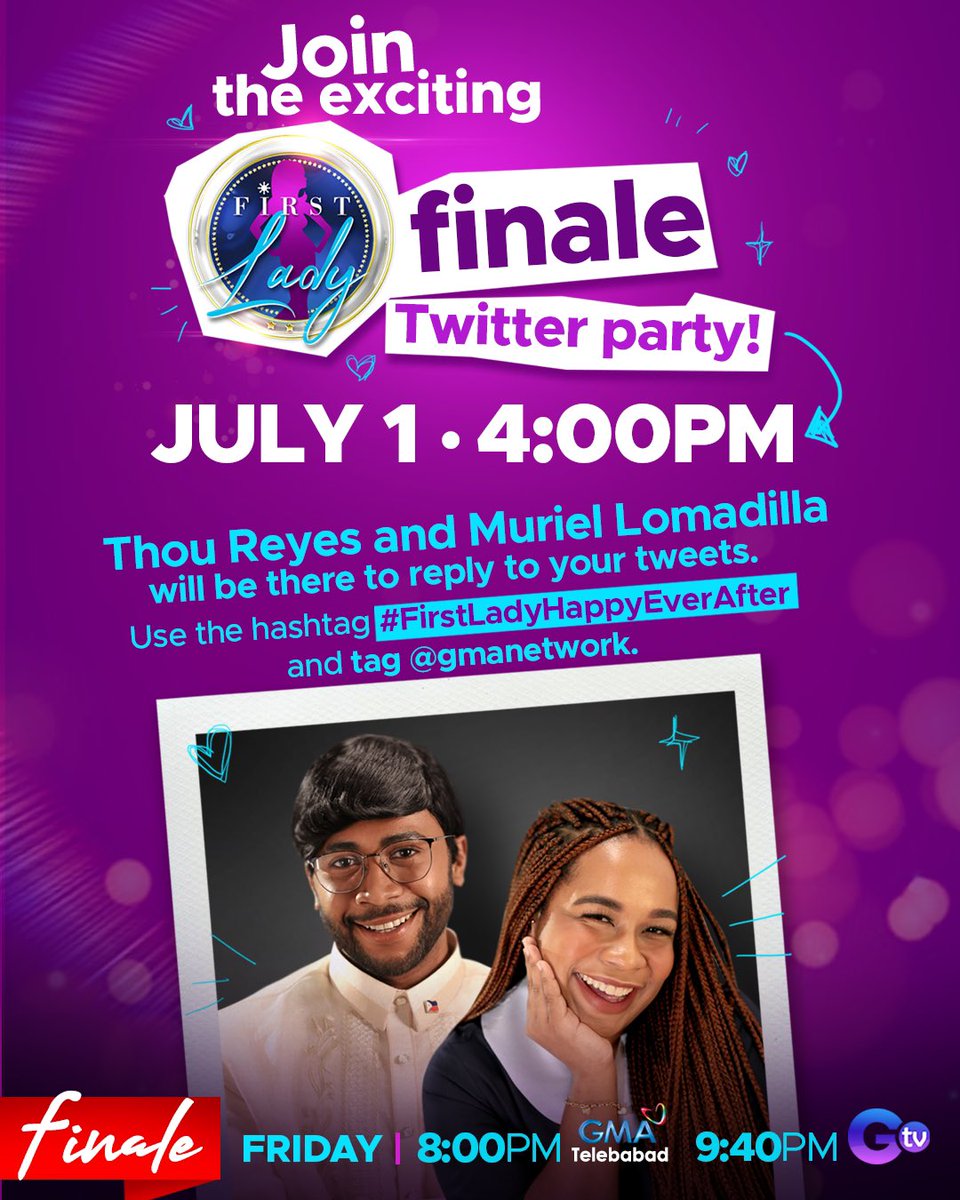 KapusoAllAccess's tweet photo. Join us tonight for the KILIG and FUN finale of #FirstLady! 💖

Tweet with our official hashtag: #FirstLadyHappyEverAfter and tag @gmanetwork.

Twitter party begins at 4PM. Mas exciting pa as our favorite couple #BevsSey: Yessey (@thou_ism) &amp; Bevs (@xoxo_gma_riel) will join us! https://t.co/8Yi56o6gGf