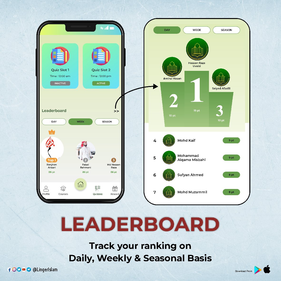 MillatCo's tweet image. App's new feature LEADERBOARD (Track your ranking on Daily, Weekly &amp;amp; Seasonal Basis)

Quiz Coming Soon 🎖️🎁

Download the App now 👉  bit.ly/LingerIslam  

#LingerIslam #LingerApp #Linger #MuslimApp #Islamicquiz #Islamicknowledge #Learnplayandwin #leaderboardinapp #Quizapp