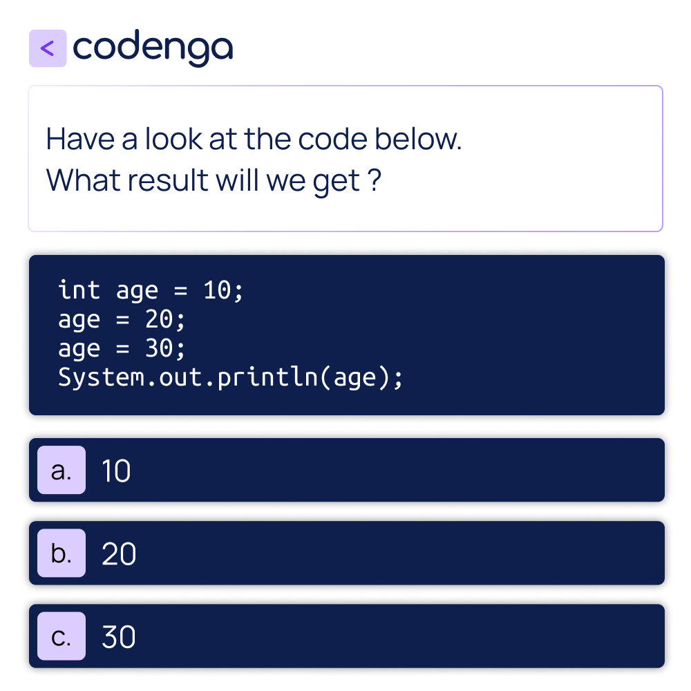 Codenga_com's tweet image. 🟣Do you know the answer? Enter it in the comment!

#codengaQuiz #learningonline