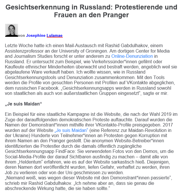 eule_anja's tweet photo. 1/ #Gesichtserkennung ist in #Diktaturen ein Teil der #Repression.
Im #Newsletter v. @algorithmwatch wird klar, neben staatlichen Stellen, die diese #Überwachung nutzen, gibt es auch nichtstaatl. Gruppen, die z.B. #FindFace v. @NtechLab als #Drohmittel & zur #Denunziation nutzen https://t.co/6FY7l3NMdU