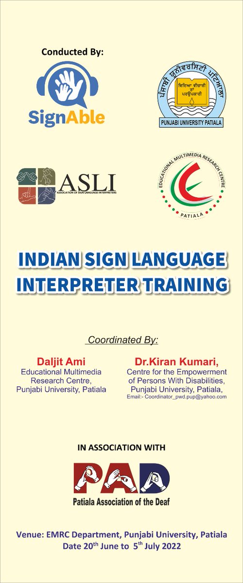 emrcpatiala's tweet image. Indian Sign Language Interpreter Training Program in EMRC. Conducted by ASLI and Sign Able. Coordinators:  Daljit Ami, Director, EMRC and Dr Kiran Kumari, CEPD. Dates: June 20 to July 5.
#emrcpatiala #signlanguage #workshop2022  #punjabiuniversitypatiala #ASLI #CEPD
