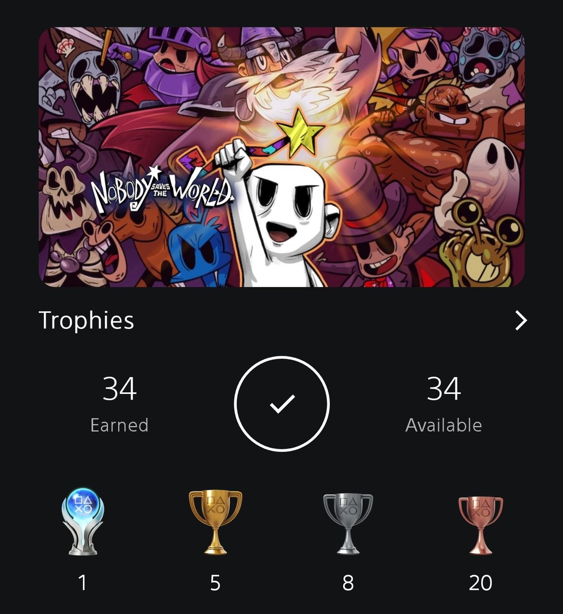 ArkAynJoel's tweet photo. Platinum #16 goes to Nobody Saves The World! Thank you @DrinkBoxStudios for making such an amazing game that was non-stop fun, laugh-out-loud funny, gorgeous to look at, and even pulled on my heartstrings. This is my new standard for how captivating a gameplay loop can truly be! https://t.co/xMLa2xYLzm