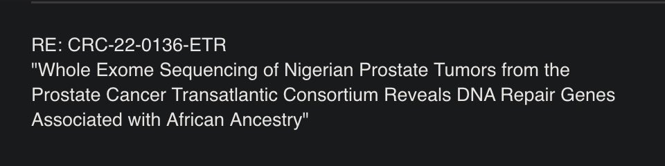 Led by #AfricanCancerScientists & @phd_yates lab (thanks Jason White for your tireless efforts), happy to share @CaPTC7 #CancerResearchAfrica accepted for publication in @AACR @CRC_AACR journal 👇🏾Breaking discovery for #prostatecancer #research in #Nigerian men.@AfricaRch note!