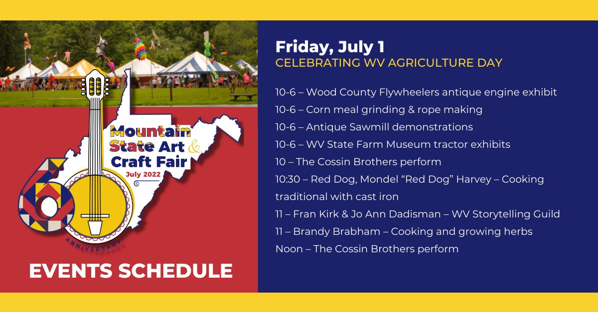 WVMSACF's tweet photo. 🎨 It's DAY ONE of the 60th Mountain State Art &amp; Craft Fair and we're celebrating WV Agriculture Day!

⏰ 10am - 6pm
📍Cedar Lakes Conference Center, Ripley, WV

🐄 Come enjoy amazing art, toe-tapping music, and tasty food! We can't wait to see you!

#msacf https://t.co/2bAkj2msL3