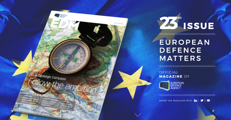 EUDefenceAgency's tweet photo. When circumstances change, plans must too. 

In #EDM23 we unlock the EU's #StrategicCompass and hear from key decision-makers on what makes it a uniquely ambitious and operational guide for strengthening #EUdefence. 

European Defence Matters - Out Now.