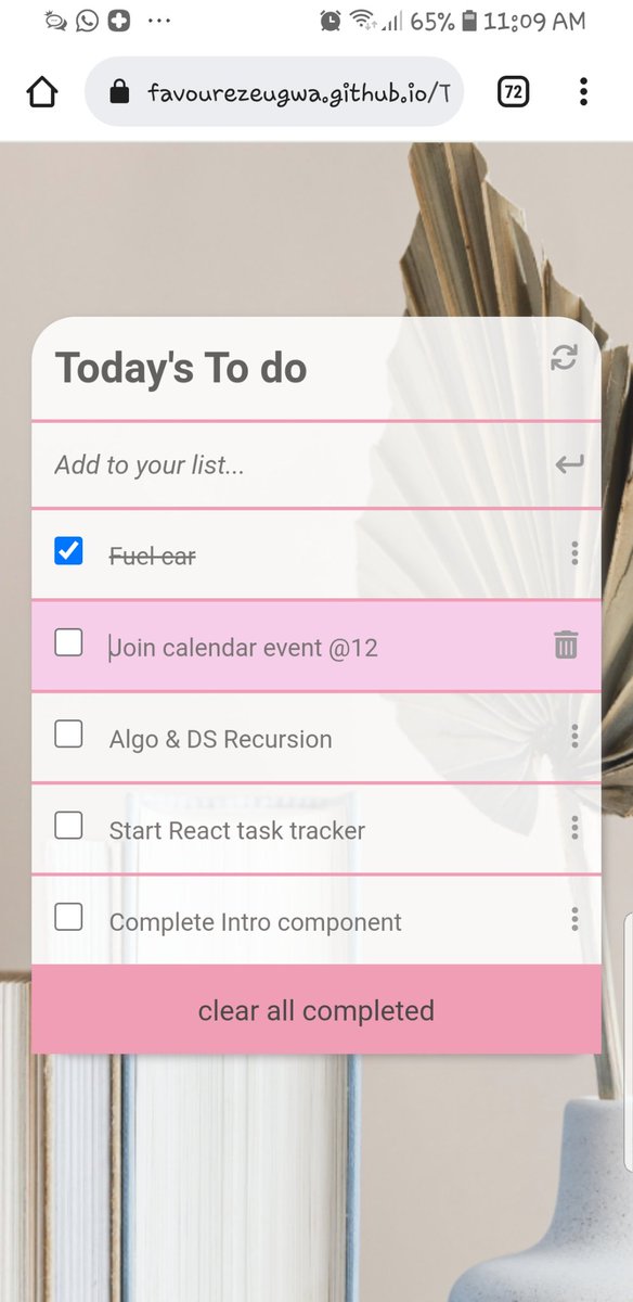 Favour_ezeugwa's tweet image. Excited to share my todo app here on twitter, with screenshot of a list of task i intend to work on today.

Built with: #JavaScriptES6#webpack #HTML5/CSS #Gitflow#JestTestingLibrary#Mediaquery#modules#babelrc

Link to source: github.com/Favourezeugwa/…

Feedbacks are welcome! 😊