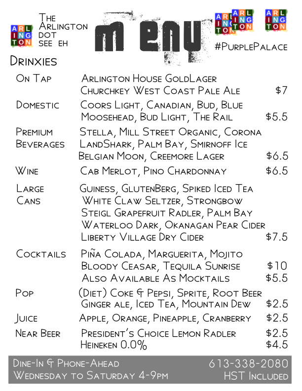 Woo hoo! New summer, new menu!
We're open Wednesday to Saturday, 4pm-9pm. Games and patios and laughs galore!  
Oh. And the best pizza you've ever had in like a million gazillion years for like a LOT of nautical kilometres. 
#PurplePalace   TheArlington.ca