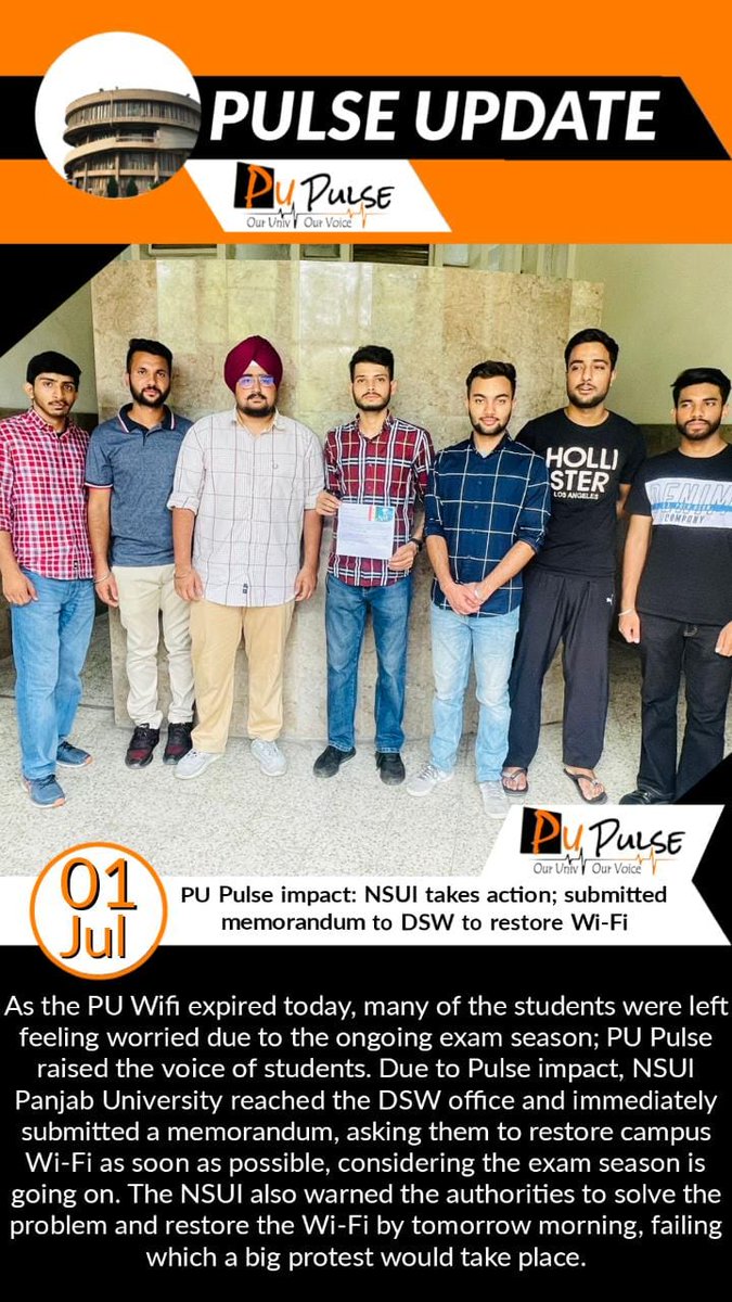 pu_pulse's tweet photo. PU Pulse impact: NSUI takes action; submitted #memorandum to #DSW to restore Wi-Fi
@nsuipuofficial @OfficialPU
#news #pupulse #pupdate #pulseimpact #Chandigarh https://t.co/M6Y9oNwlen