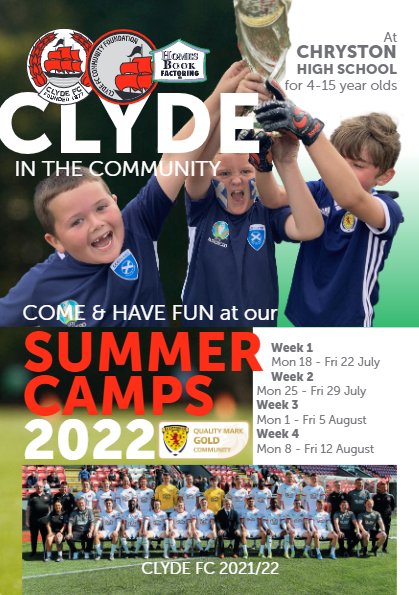 ClydeFoundation's tweet image. We are delighted to announce that any boy or girl attending any of our summer camps this year will receive a @ClydeFC  FREE season ticket for 2022 / 2023 SPFL matches. @SPFLTrust @spfl @ChrystonPrimary @SteppsPrimary @StJosephsPrima2 @HomesBook @AuchinlochPrim1 @GartcoshPS
