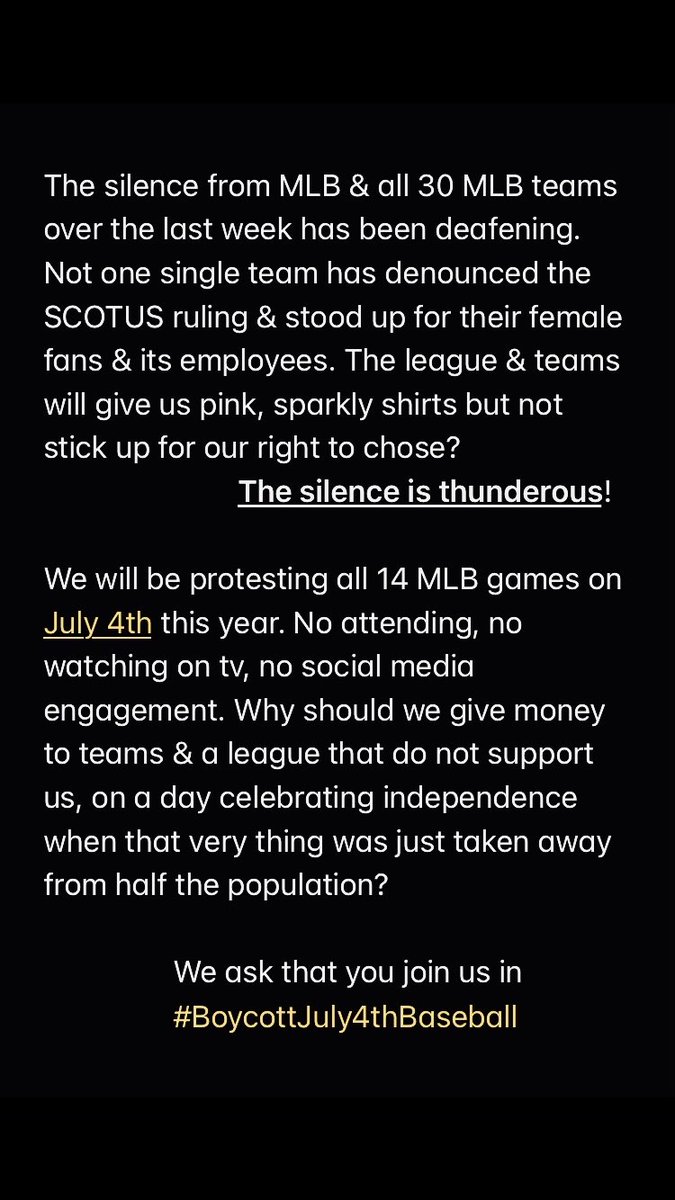 We will be boycotting all July 4th baseball games this year as a form of protest against <a href="/MLB/">MLB</a> and all 30 teams that have had a week to say ANYTHING and yet, have chosen to remain silent. 🤐

A thread of full explanation is below (1/?) 🧵

#BoycottJuly4thBaseball