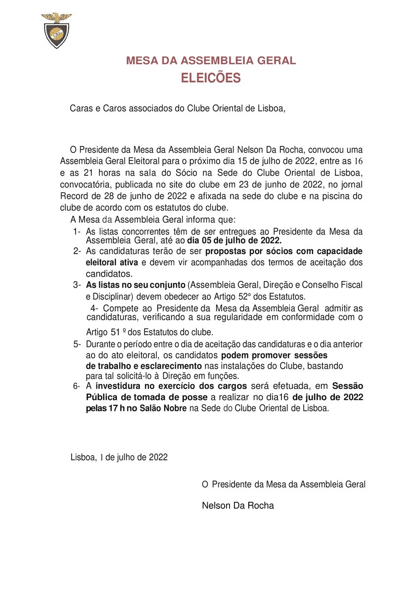 Comunicado do Presidente da Mesa da Assembleia Geral