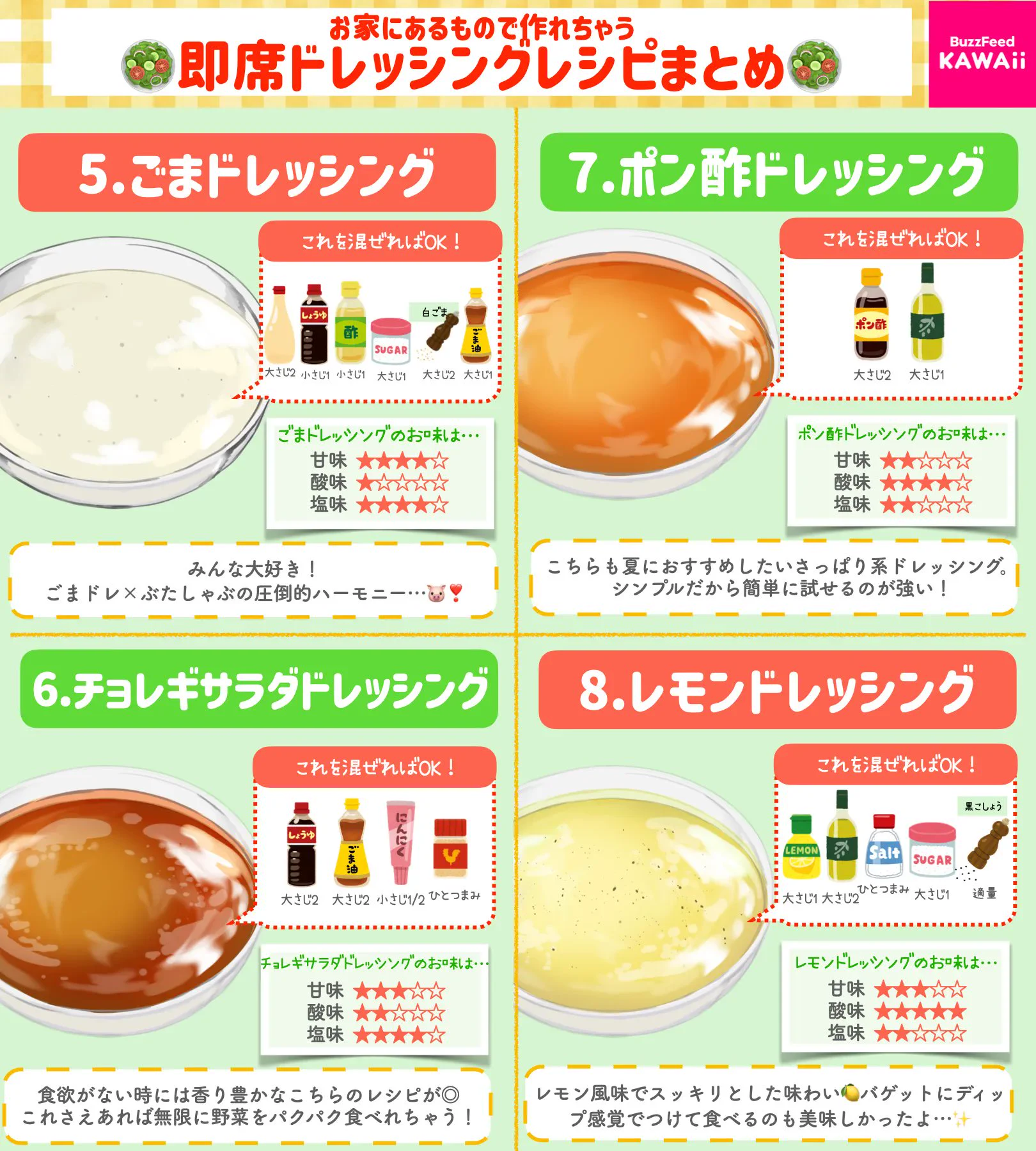 中華ドレッシングや和風ドレッシングなどなど、どれも美味しそう！即席ドレッシングレシピ8選！