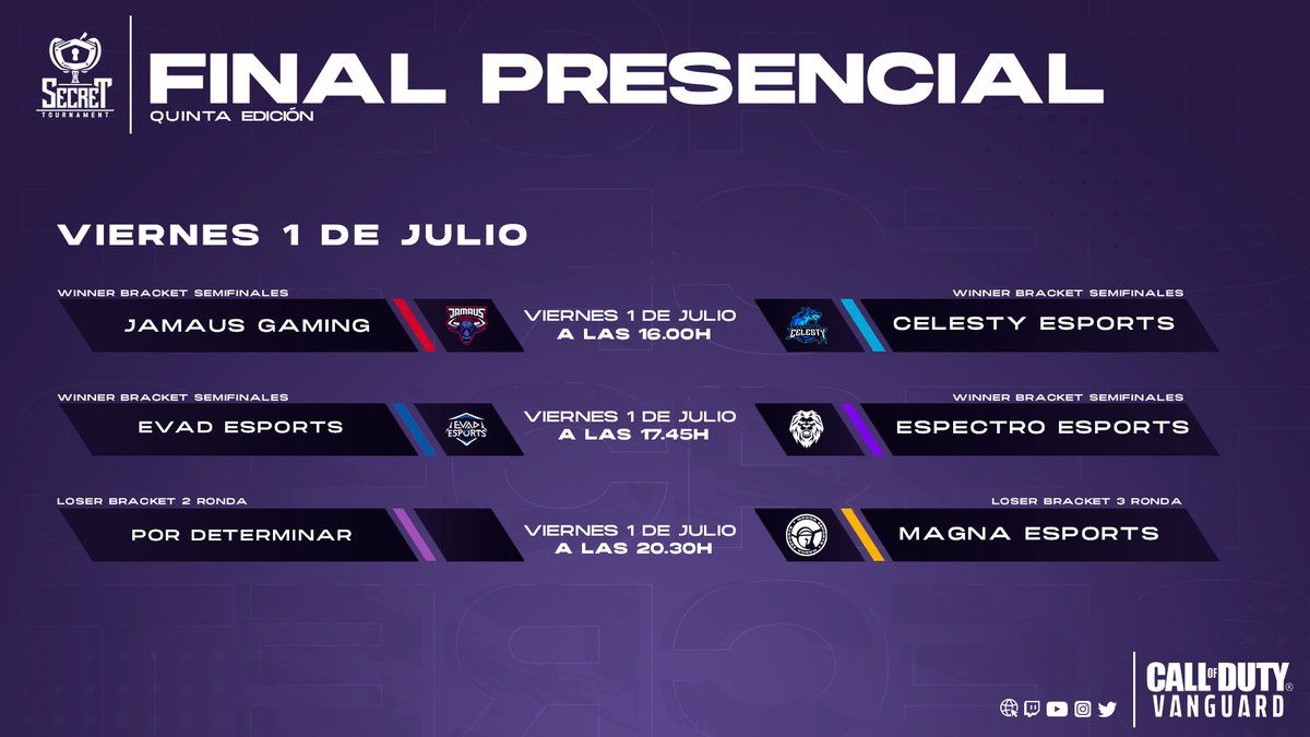 #SecretCODLeague #Vanguard

¡TODO PREPARADO en <a href="/UNTTSWorld/">UNTTS Gaming Lounge</a>!

Estos son los horarios del día hoy

🆚️ @JamausGG vs @celesty_ec | 16:00H
🆚️ <a href="/EsportsEVAD/">EVAD Esports</a> vs <a href="/EspectroEC/">Espectro Esports™</a> | 17:45H
🆚️ Por determinar vs <a href="/MagnaEsport/">MAGNA ESPORTS</a> | 20:30H

Os esperamos, no faltéis.

📺 twitch.tv/secrettourname…