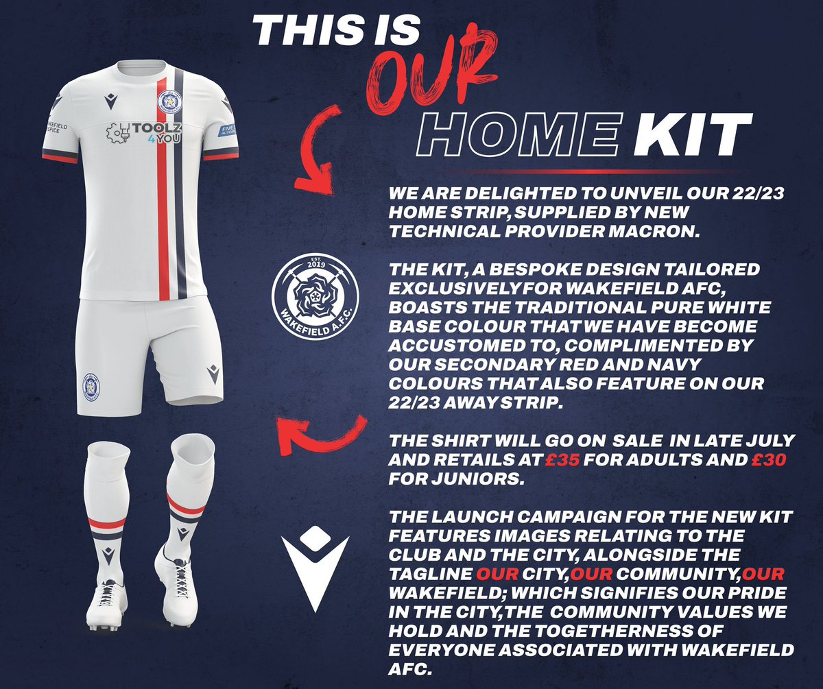 Your WAFC Home kit for the 22/23 season! 🤩

Retailing at:
£35 - adults 
£30 - juniors

On sale late July!

OUR city, OUR community, OUR Wakefield ❤️🤍💙

<a href="/Pele/">Pelé</a> <a href="/TheSlyStallone/">Sylvester Stallone</a> <a href="/classicshirts/">Classic Football Shirts</a>