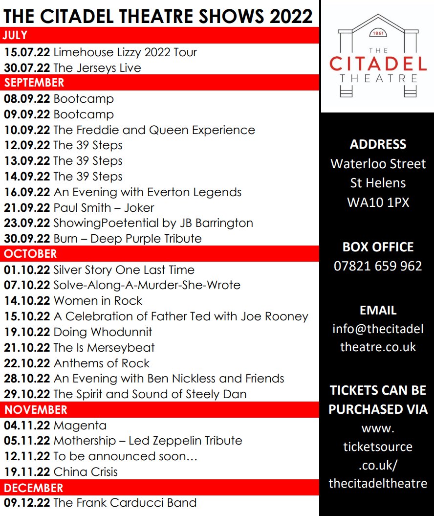 The Citadel Theatre (@thecitadel1861) on Twitter photo We have added even more shows for you!
Tickets can be purchased via ⬇️
ticketsource.co.uk/thecitadelthea…
For any enquiries, please contact
info@thecitadeltheatre.co.uk We have added even more shows for you!
Tickets can be purchased via ⬇️
ticketsource.co.uk/thecitadelthea…
For any enquiries, please contact
info@thecitadeltheatre.co.uk