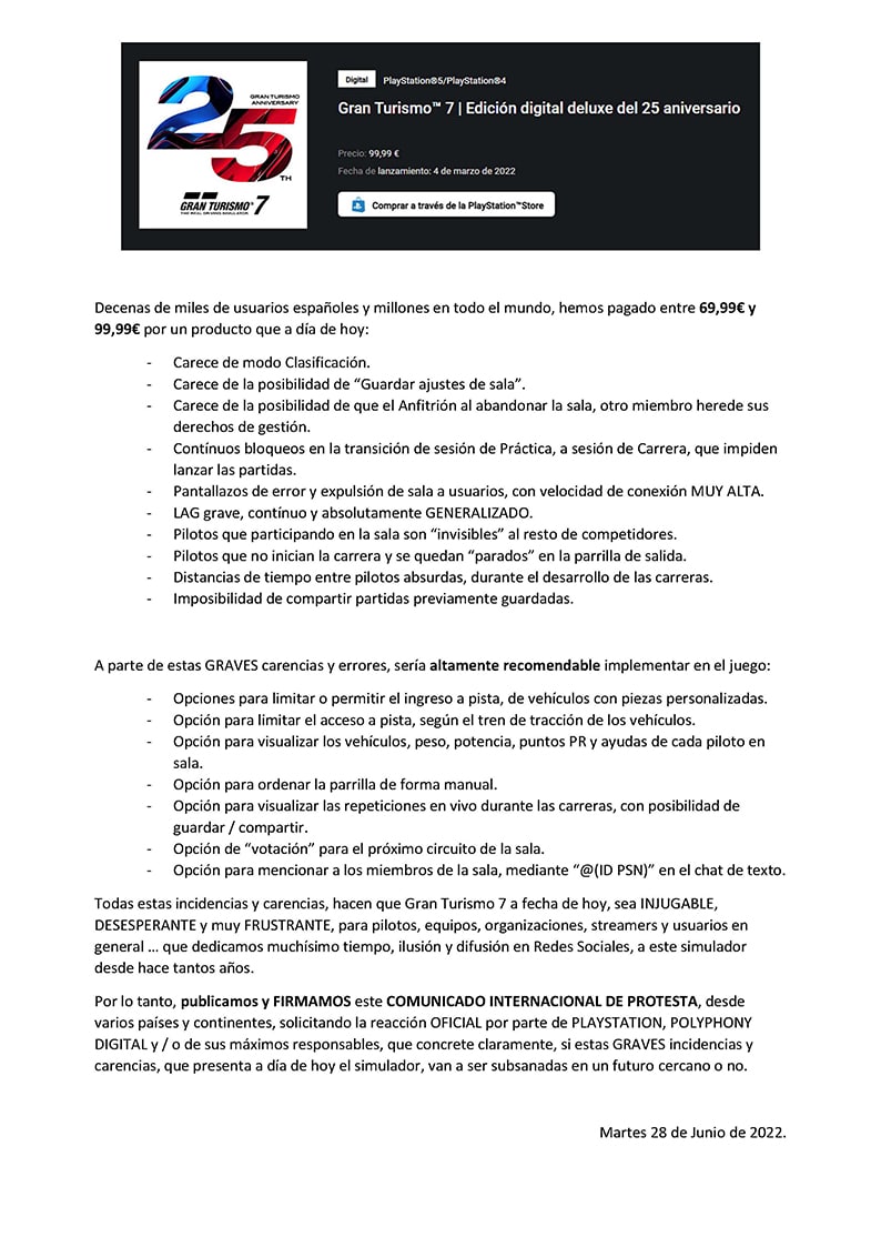 RacingOlympus's tweet photo. 🇪🇸 COMUNICADO internacional de PROTESTA #GT7

@Kaz_Yamauchi @PlayStation_LA @PlayStationES @Sony
@thegranturismo https://t.co/qSYN5jznwH