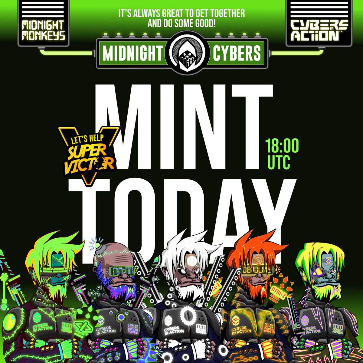 #ElrondCommunity today is the day we do more good!

Join us in supporting <a href="/Together4Victor/">TogetherForVictor</a> cause ⚡️

200 NFTs
0.5 $EGLD
xoxno.com/buy/MidnightMo…
18:00 UTC

<a href="/MidMonkeysNFT/">Midnight Monkeys NFT⚡️#Together4Victor</a> x <a href="/CybersInAction/">Cybers ⚡️#Together4Victor</a>