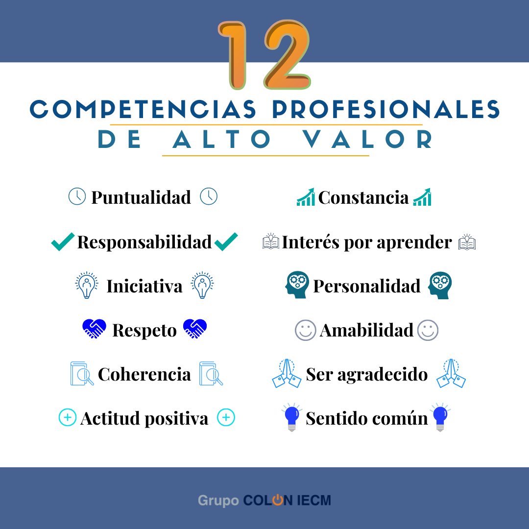Estas 12 competencias profesionales no necesitan estudios 💻

Puedes cultivarlas de manera independiente y son de las más valoradas en el mercado laboral✨

¿Cuál consideras la más importante?👇

#GrupoColon #CompetenciasProfesionales #Trabajo