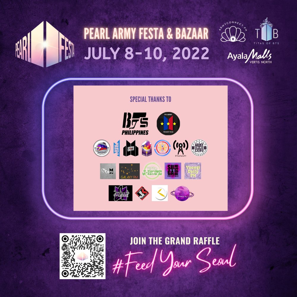 armyconnectph's tweet photo. D-7| Celebrate the bond between @BTS_twt & ๐ต๐ญARMY! Share your msgs & ARMY stories on the Pearl ARMY Wall at the #PearlARMYFesta2022
This event is FREE & OPEN TO ALL.
Special thanks to @bangtanboysph @PHARMYPROJTEAM + other PH fanbases
More info: https://t.co/EEtMXTnkcF https://t.co/kNVgVdRQFE