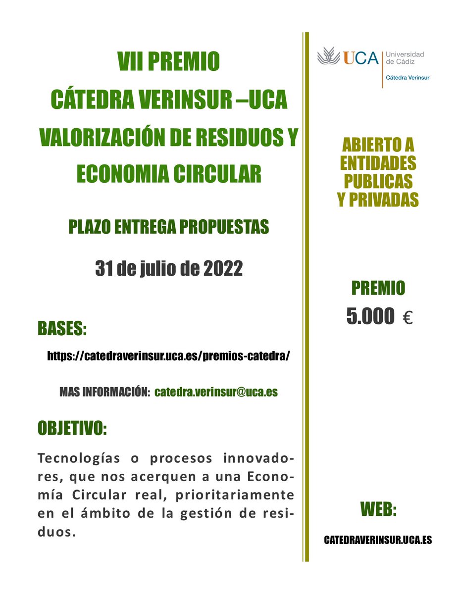 🗣 Recuerda que hasta el 31 de julio podrás optar con tu trabajo de investigación sobre valorización de residuos, al 'Premio Cátedra <a href="/verinsur/">Gestión de Residuos</a> <a href="/univcadiz/">Universidad de Cádiz</a>. ¡Estás a tiempo! Consulta las bases. ow.ly/qQ6R50HXlwz