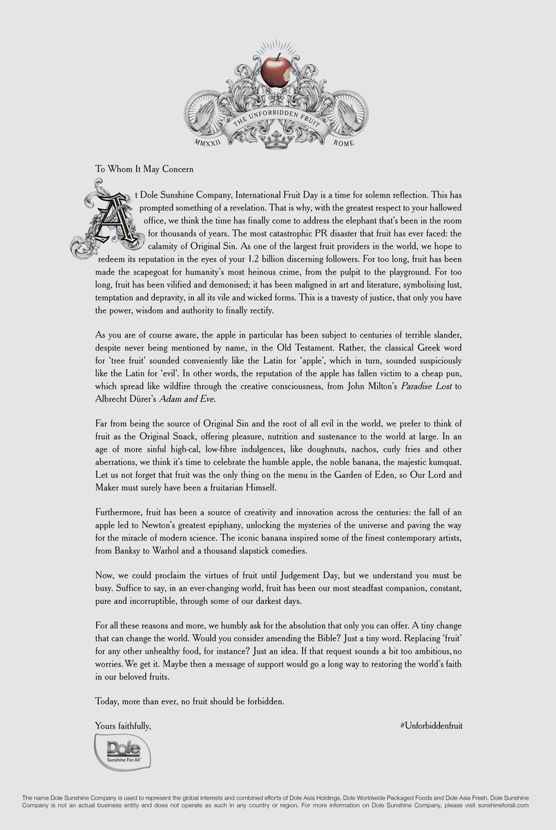 Fruit lovers! This #InternationalFruitDay, we’ve written a letter to <a href="/Pontifex/">Pope Leo XIV</a> in @Repubblica, to finally absolve the Forbidden Fruit after thousands of years of terrible slander. 

Join us! #UnforbiddenFruit #SunshineForAll