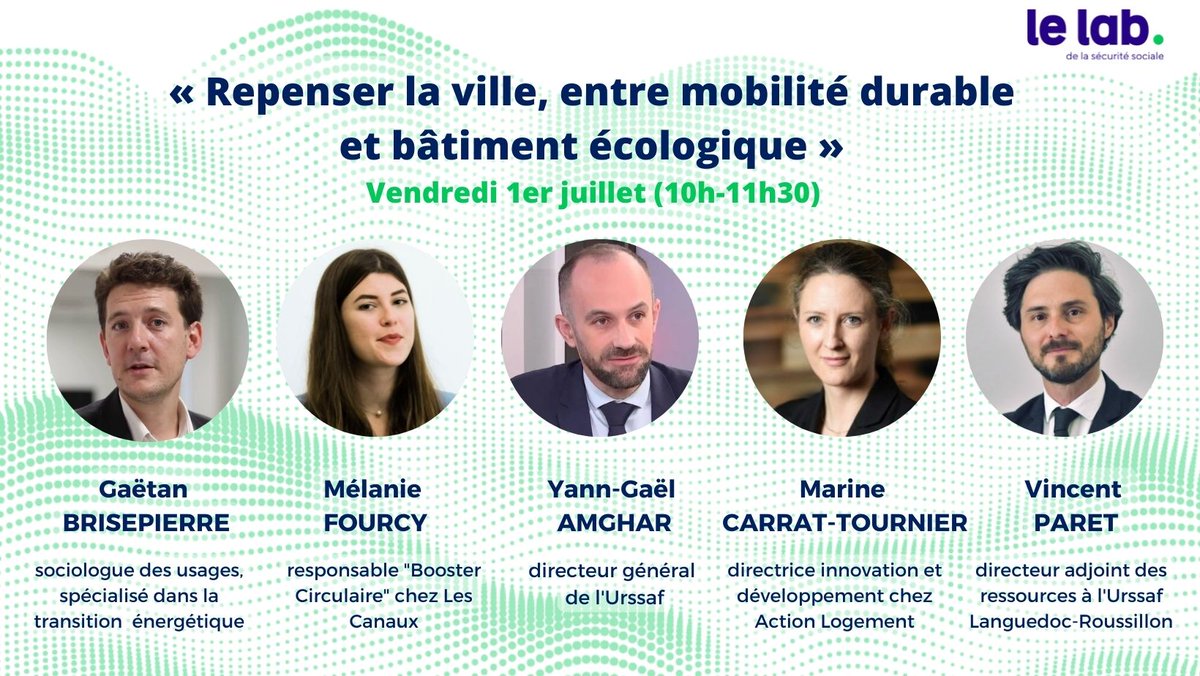 📌Comment repenser la ville, entre mobilité durable et bâtiment écologique ? 

RDV à 1️⃣0️⃣h pour une table ronde organisée dans le cadre des conférences sur l'#Innovation en #TransitionEcologique du #Lab #SécuritéSociale porté par l'#Ucanss
👉ucanss.fr/actualites/un-…