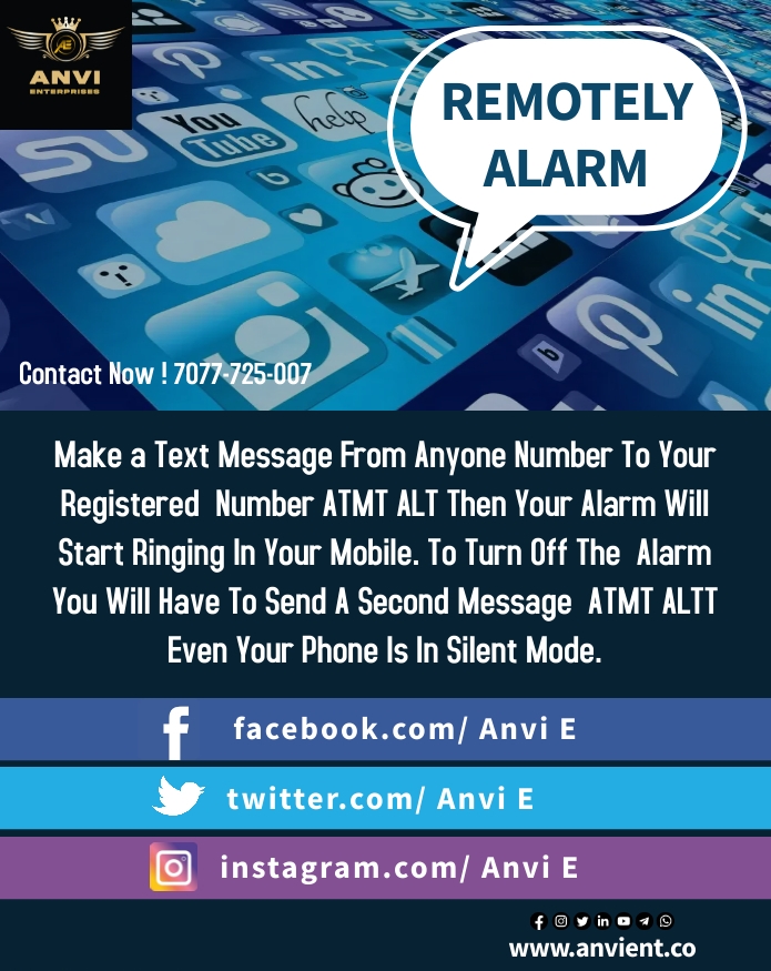 AnviEnterprises's tweet photo. Make a Text Message From Anyone Number To Your Registered  Number ATMT ALT Then Your Alarm Will Start Ringing In Your Mobile. To Turn Off The  Alarm You Will Have To Send A Second Message  ATMT ALTT Even Your Phone Is In Silent Mode. https://t.co/T6Bp2a7LZT