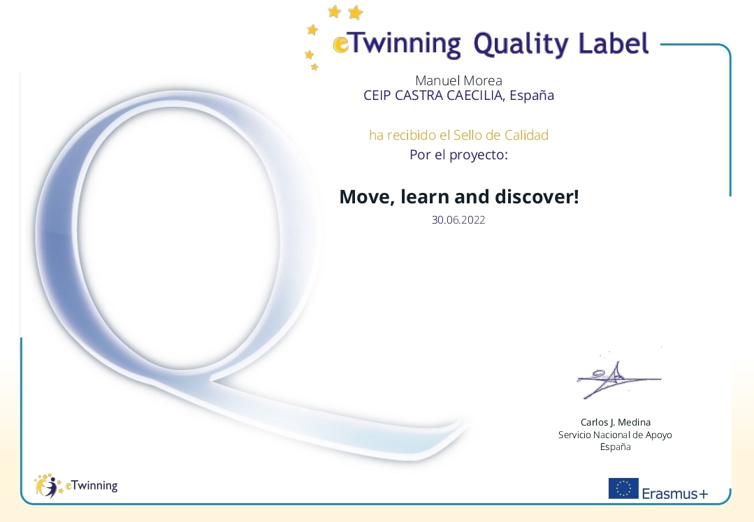 Manuelmorea's tweet photo. Orgullosos de recibir tanto mis alumnos como yo, el sello de calidad nacional eTwinning por el proyecto "Move, learn and discover" @eTwinning_es https://t.co/wtwOUjbDWe