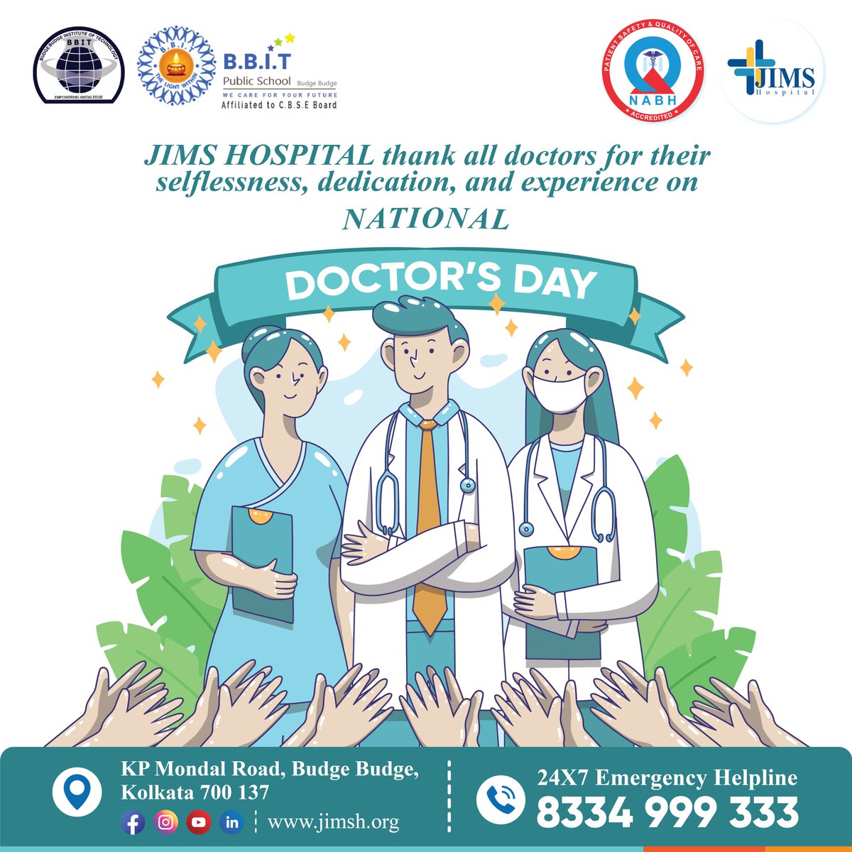 JimshOfficial's tweet photo. JIMS HOSPITAL thanks all doctors for their selflessness, dedication, and experience on
National Doctor's Day
➖➖➖➖➖➖➖➖➖➖
JAGANNATH GUPTA INSTITUTE OF
MEDICAL SCIENCES &amp; HOSPITAL
KP Mondal Road, Buita, Budge Budge, Kolkata 700137
Call 8334 999 333
 #NationalDoctorsDay2022 https://t.co/4TEEZvH47U