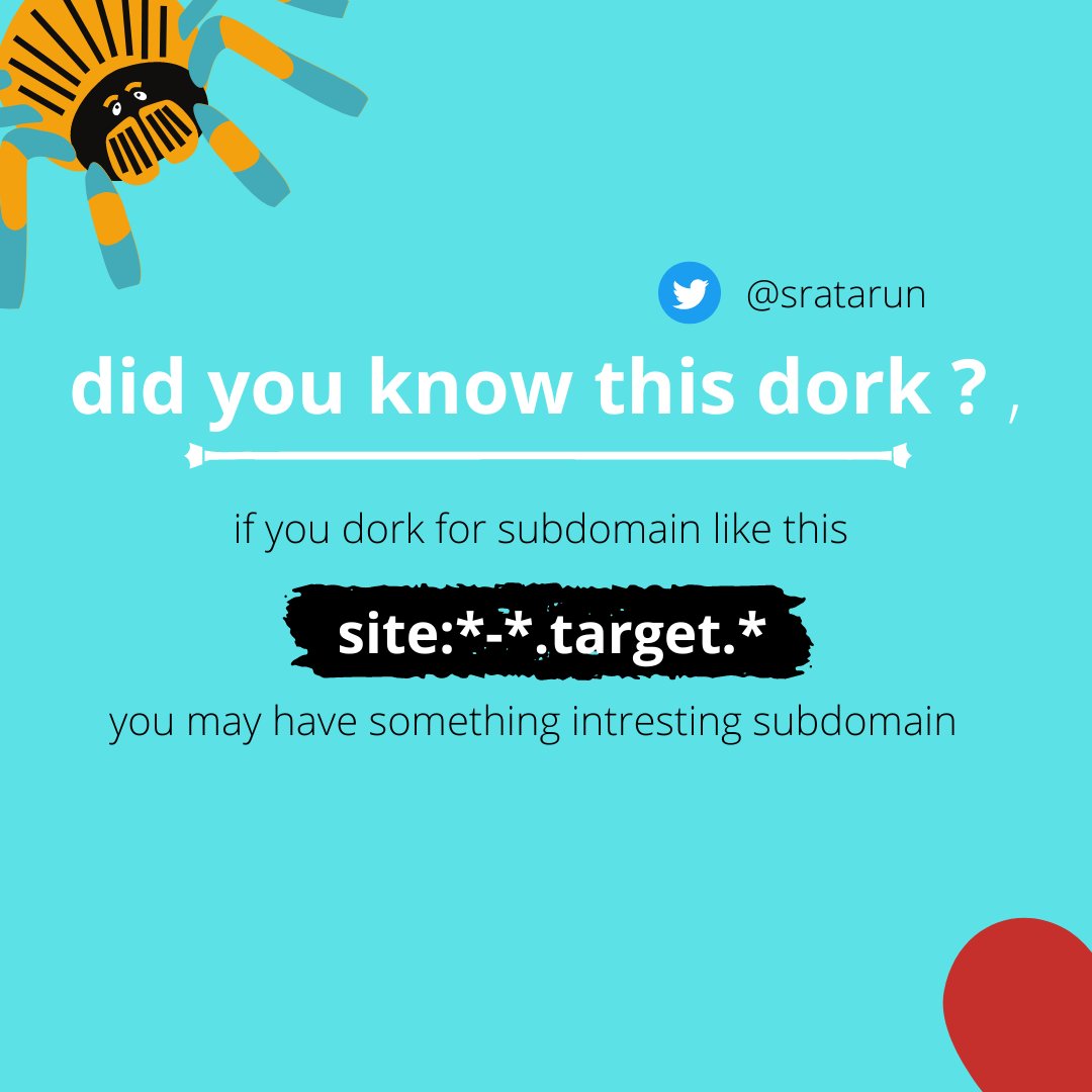 sratarun's tweet image. 𝑫𝒊𝒅 𝒀𝒐𝒖 𝒌𝒏𝒐𝒘 𝒕𝒉𝒊𝒔 𝑫𝒐𝒓𝒌 ❓

if you dork for subdomain like this { 𝘀𝗶𝘁𝗲:*-*.𝘁𝗮𝗿𝗴𝗲𝘁.* } , you may have something interesting subdomains

#cybersecurity #googledork #bugbountytips #hackerone