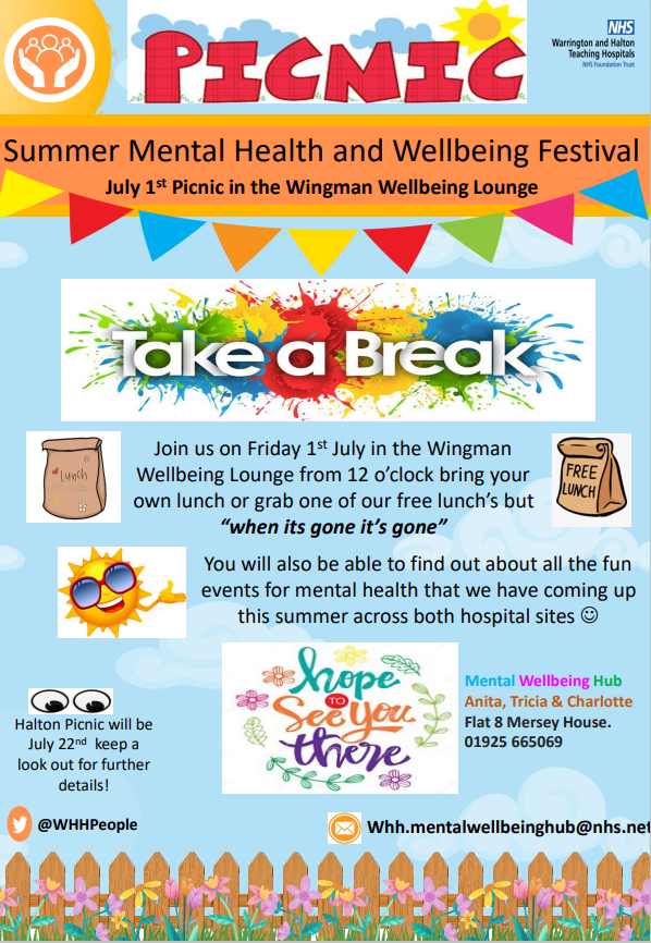 WHHPeople's tweet photo. Good Morning WHH! Today is the start of our Summer Mental Health and Wellbeing Festival! Please join us in the Wingman for our Picnic where you can grab your lunch ( first come first served!)  and find out what we are doing for the festival accross July. https://t.co/QZZK4TKAgt