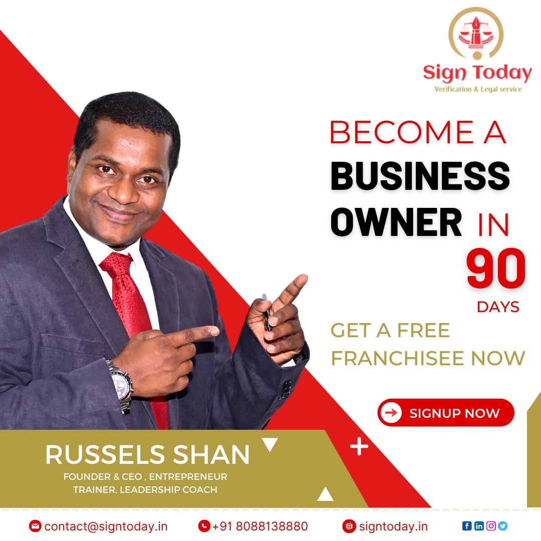 SignToday_'s tweet photo. 90 days training and Free Franchisee make you an Independent Business Owner
Investment only Rs.49500/-
Learn from Top Business professionals
Enroll Now with https://t.co/BYwaDeaG1E
(Only Limited slots available)

#becomeanowner #becomeanentrepreneur  #enrolltoday #signtoday https://t.co/k1vH8DN6sJ